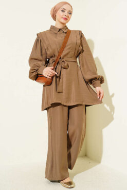 Alternative view of Shoulder Pleated Belted Tencel Two-Piece Set Mink