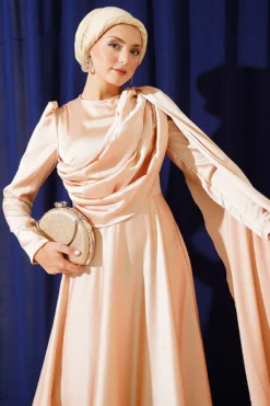 Alternative view of Off-Shoulder Satin Evening Gown with Cape Beige