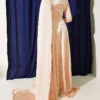 Off-Shoulder Satin Evening Gown with Cape Beige - Imagen 3