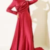 Off-Shoulder Satin Evening Gown with Cape Burgundy