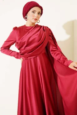 Alternative view of Off-Shoulder Satin Evening Gown with Cape Burgundy