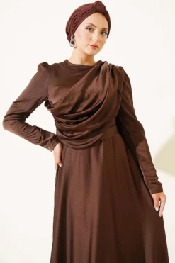 Alternative view of Off-Shoulder Satin Evening Gown with Cape Brown