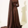 Off-Shoulder Satin Evening Gown with Cape Brown - Imagen 3