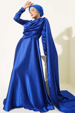 Alternative view of Off-Shoulder Satin Evening Gown with Cape Saxon Blue