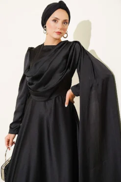 Alternative view of Off-Shoulder Satin Evening Gown with Cape Black