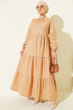 Gathered Front Floral Print Dress Latte