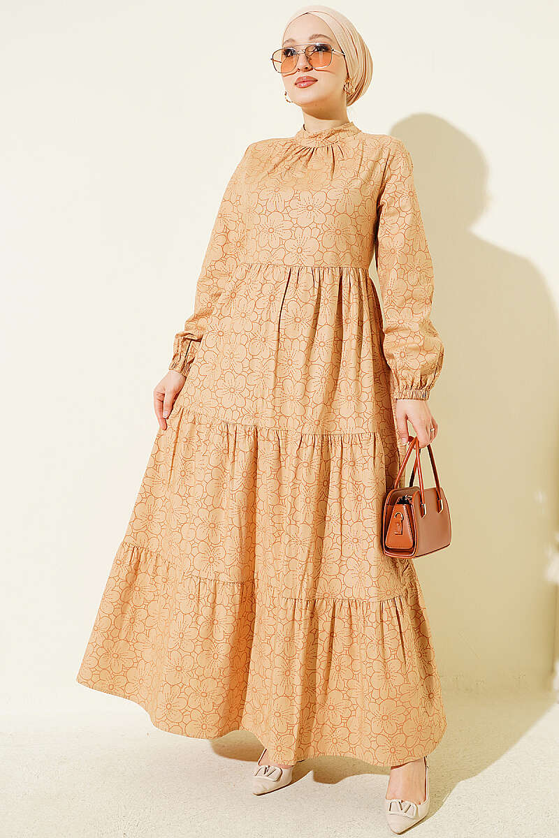 Gathered Front Floral Print Dress Latte