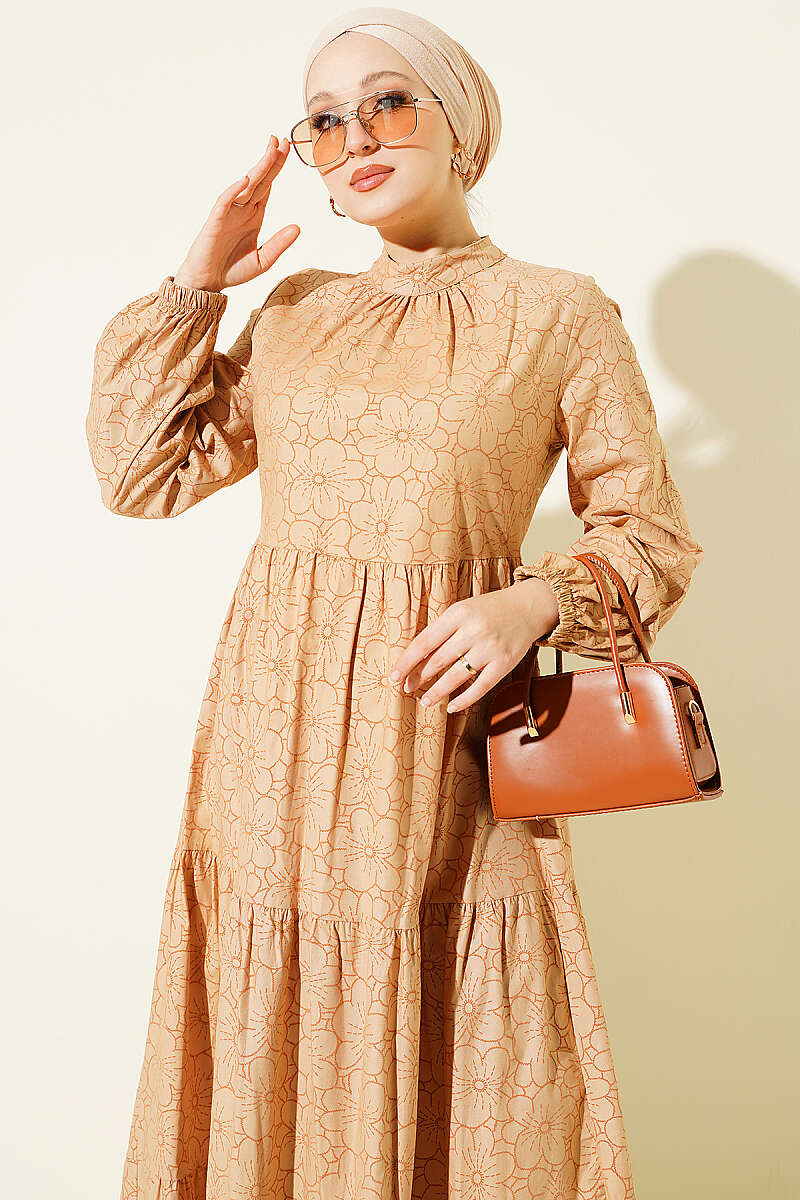 Gathered Front Floral Print Dress Latte - immagine 2