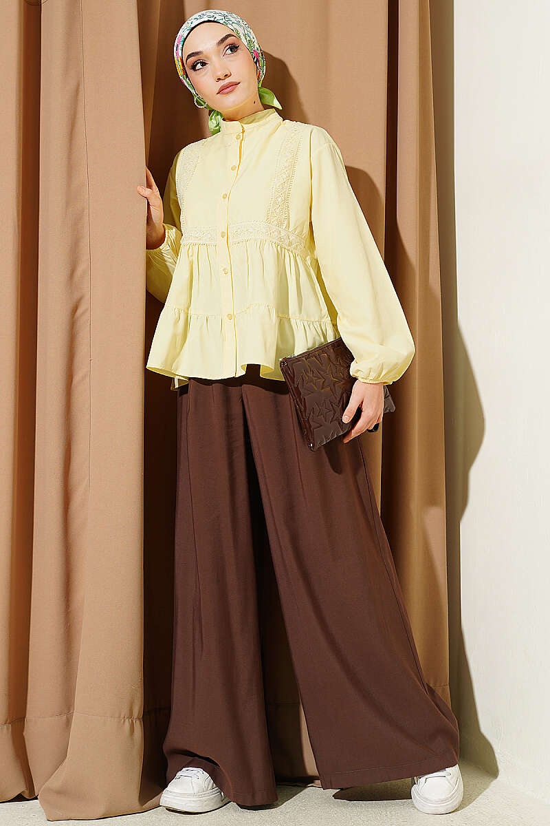 Short Shirt with Lace Trim Yellow - Imagen 2