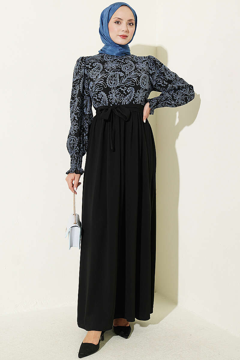 Embroidered Front Detail Dress with Ankle Lace Trim Indigo