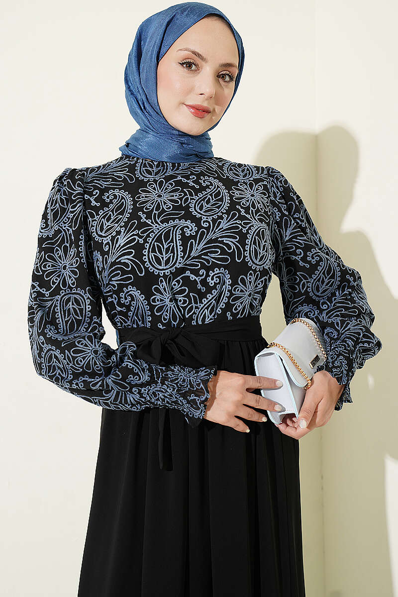 Embroidered Front Detail Dress with Ankle Lace Trim Indigo – Image 2
