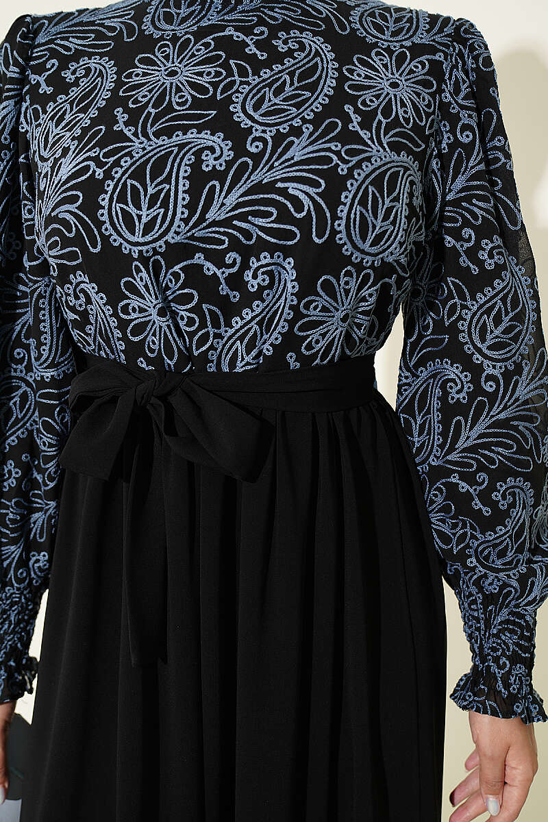 Embroidered Front Detail Dress with Ankle Lace Trim Indigo – Image 4