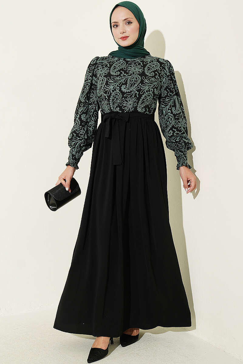 Embroidered Front Detail Dress with Ankle Lace Trim Green