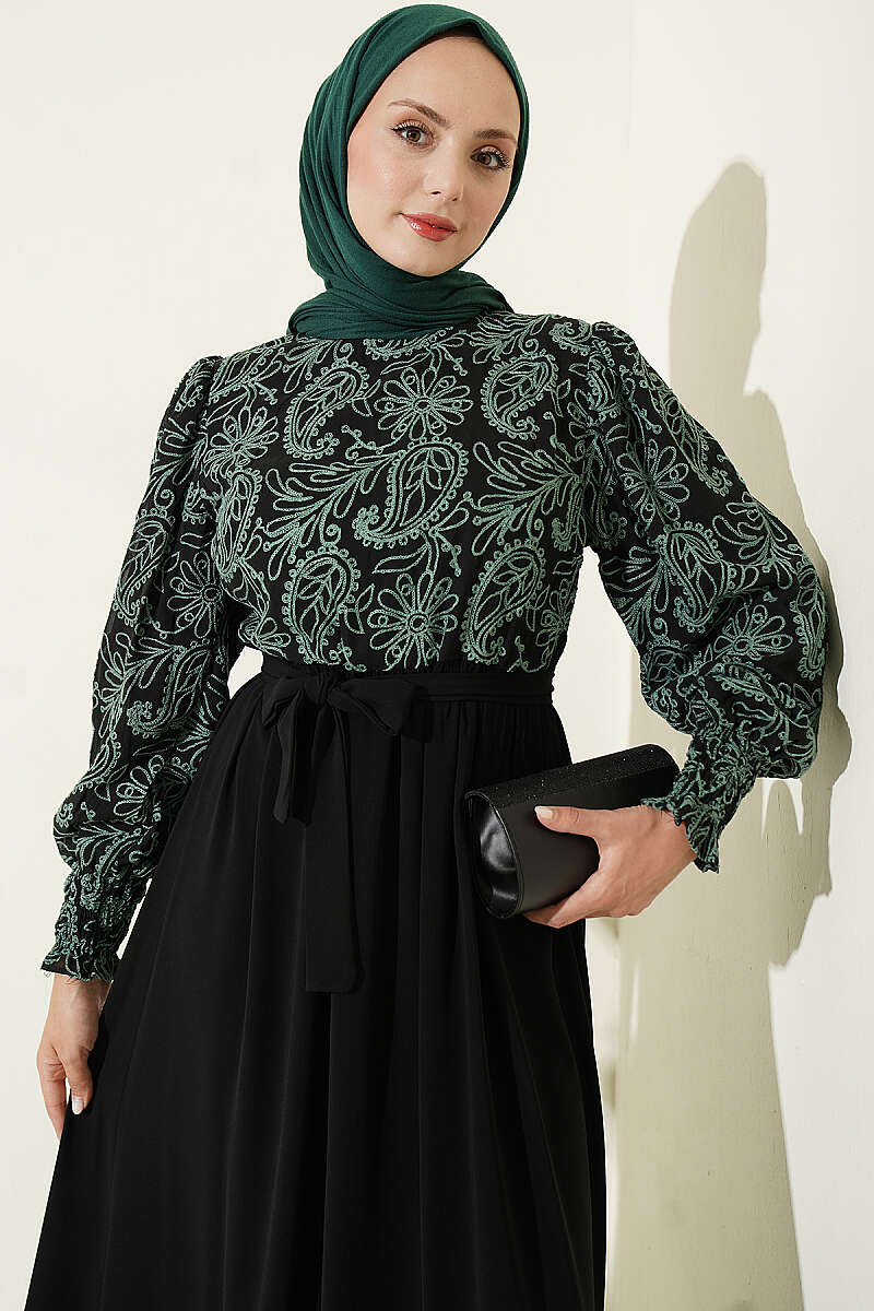 Embroidered Front Detail Dress with Ankle Lace Trim Green – Image 2