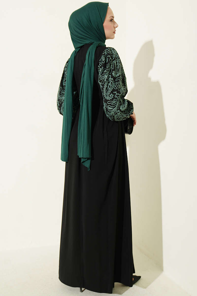 Embroidered Front Detail Dress with Ankle Lace Trim Green – Image 3