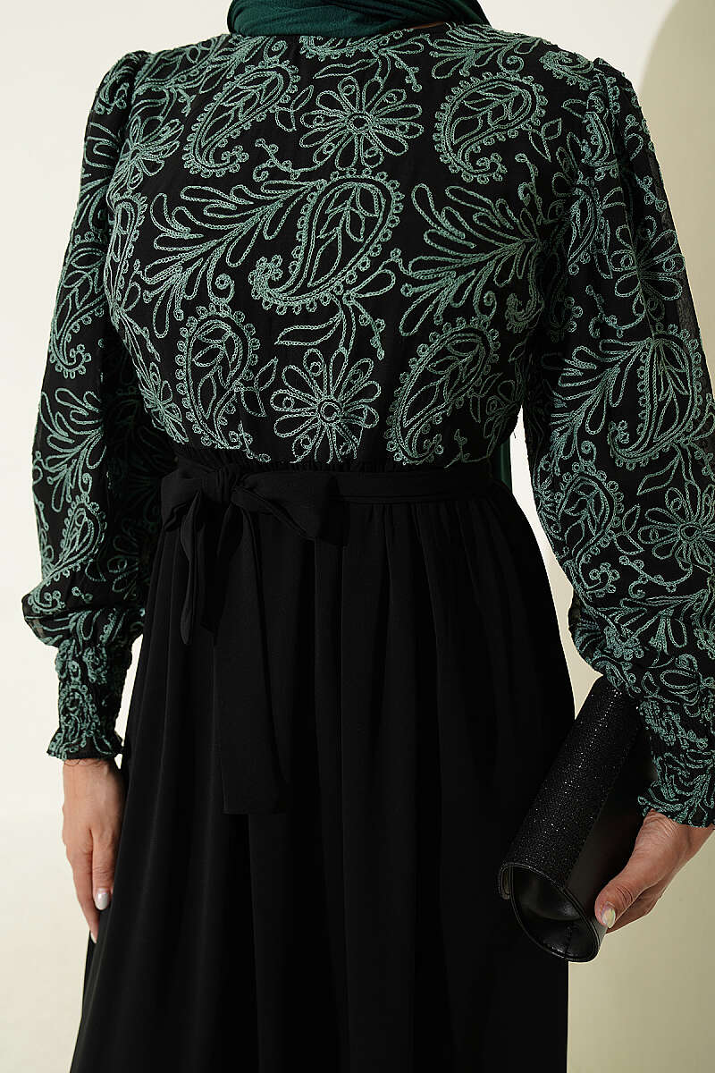 Embroidered Front Detail Dress with Ankle Lace Trim Green – Image 4