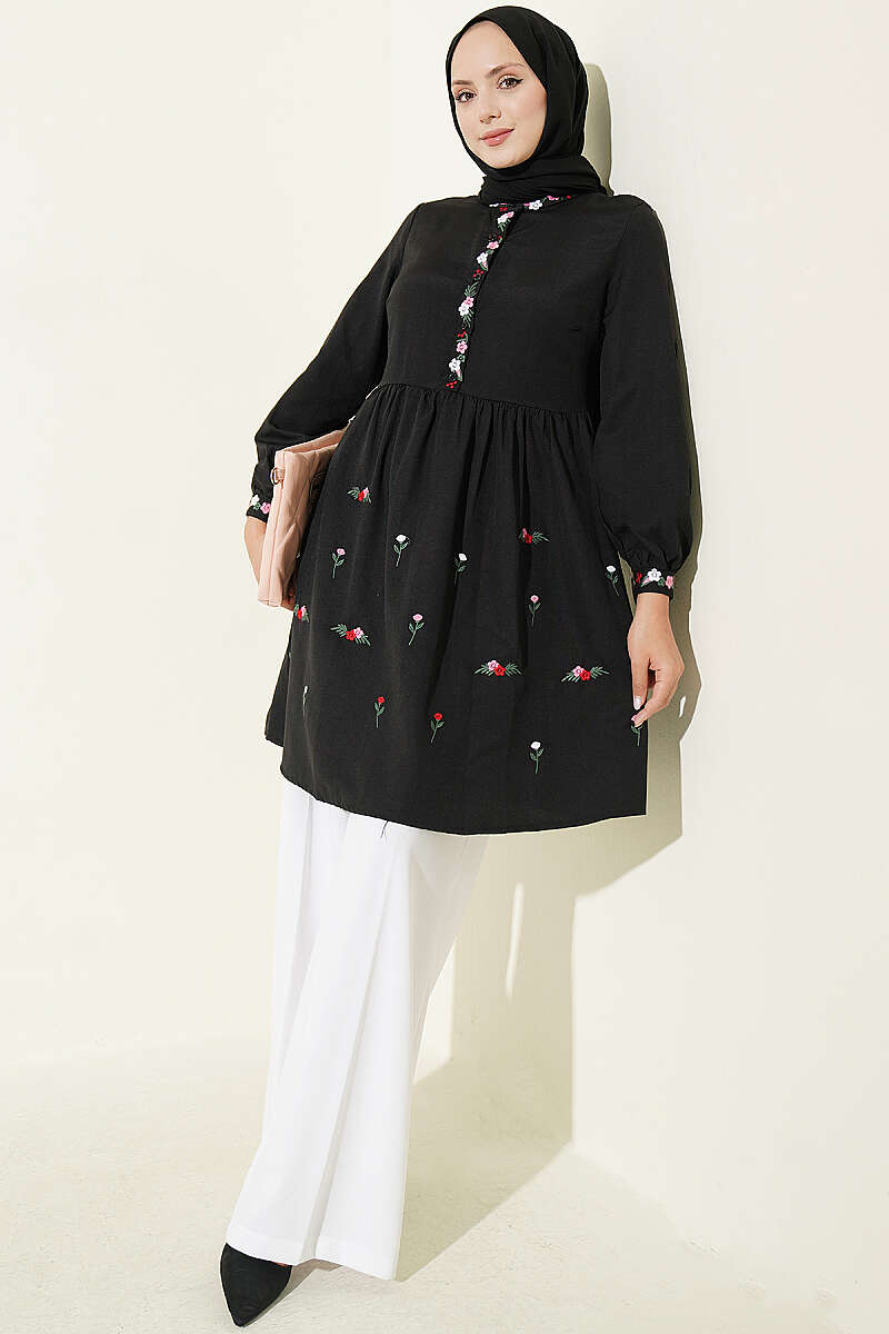 Embroidered Front Half-Button Tunic Black – Image 2