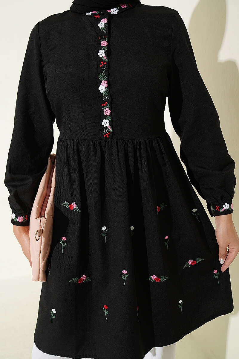 Embroidered Front Half-Button Tunic Black – Image 4