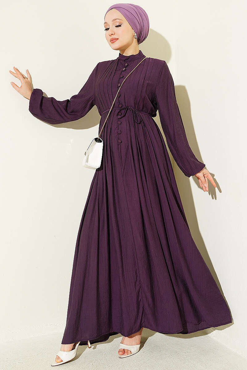 Buttoned Dress with Ribbed Front Plum