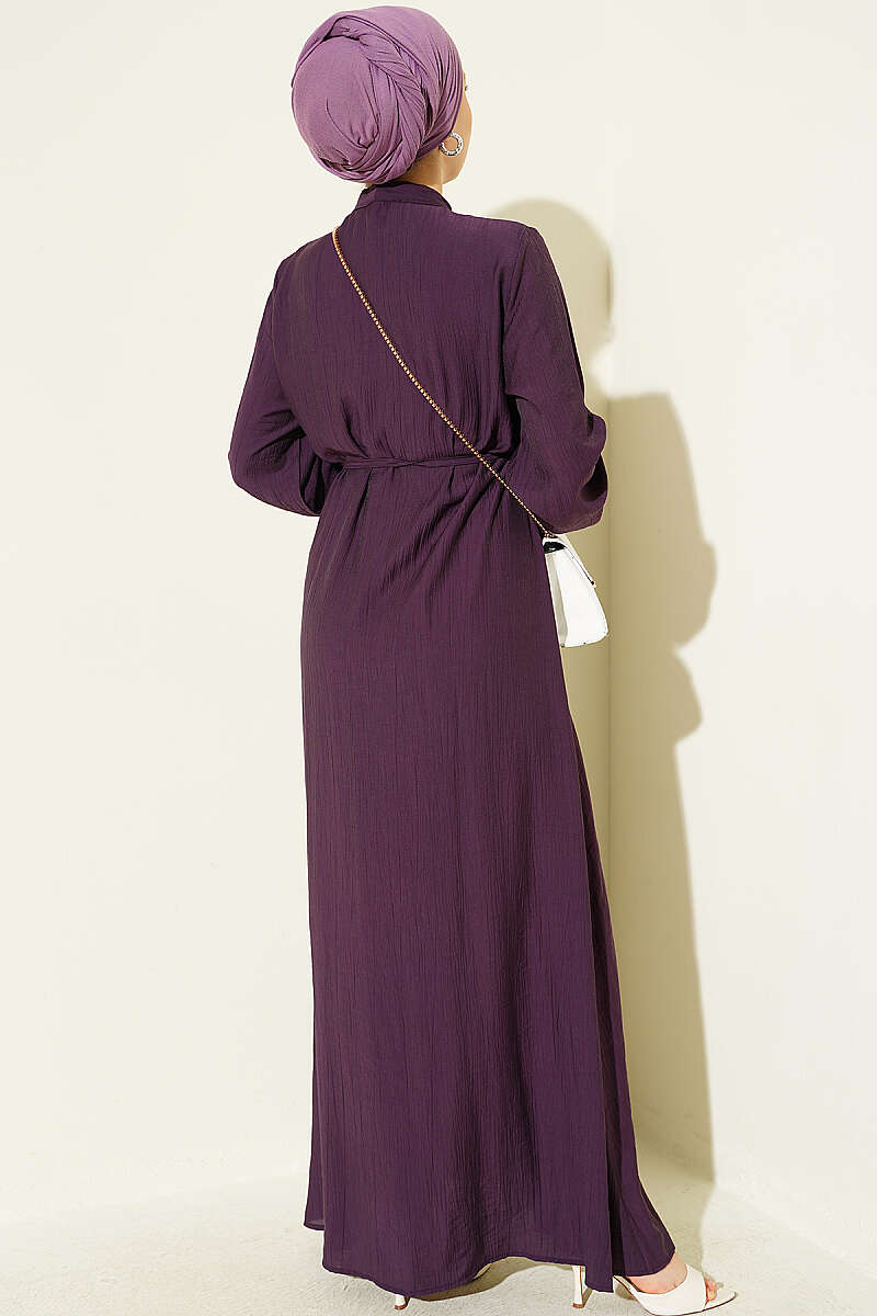 Buttoned Dress with Ribbed Front Plum - الصورة 3