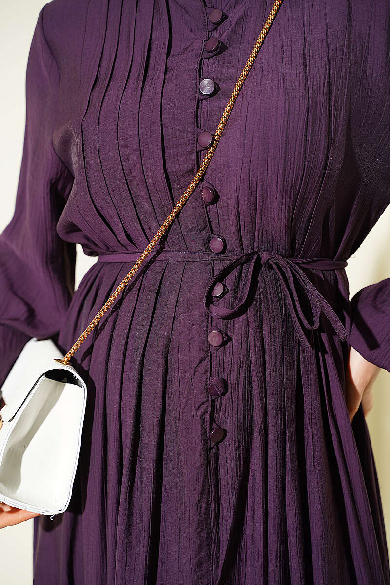 Buttoned Dress with Ribbed Front Plum - الصورة 4