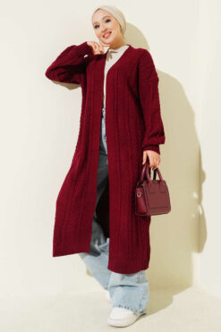 Knitted Drawstring Long Knit Cardigan Burgundy