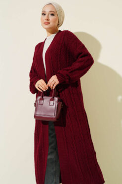 Alternative view of Knitted Drawstring Long Knit Cardigan Burgundy