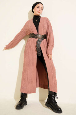 Knitted Drawstring Long Knit Cardigan Rose Dust