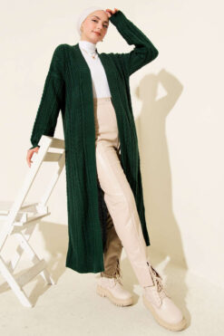 Knitted Drawstring Long Knit Cardigan Emerald