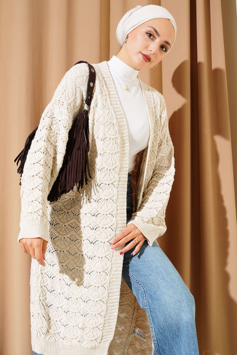 Knit Pattern Detailed Cardigan Beige