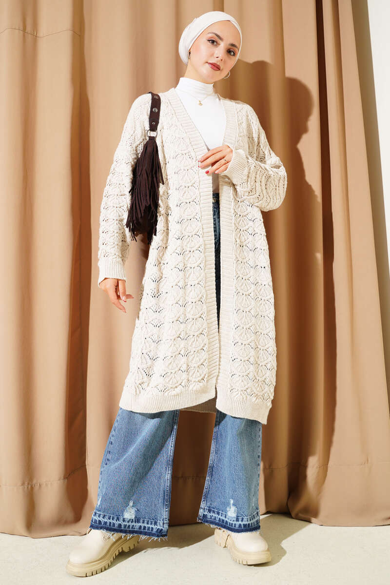 Knit Pattern Detailed Cardigan Beige - Image 2