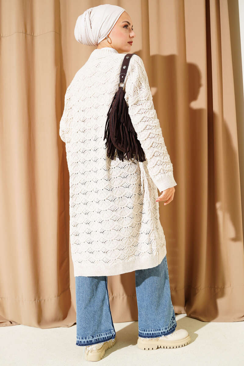Knit Pattern Detailed Cardigan Beige - Image 3