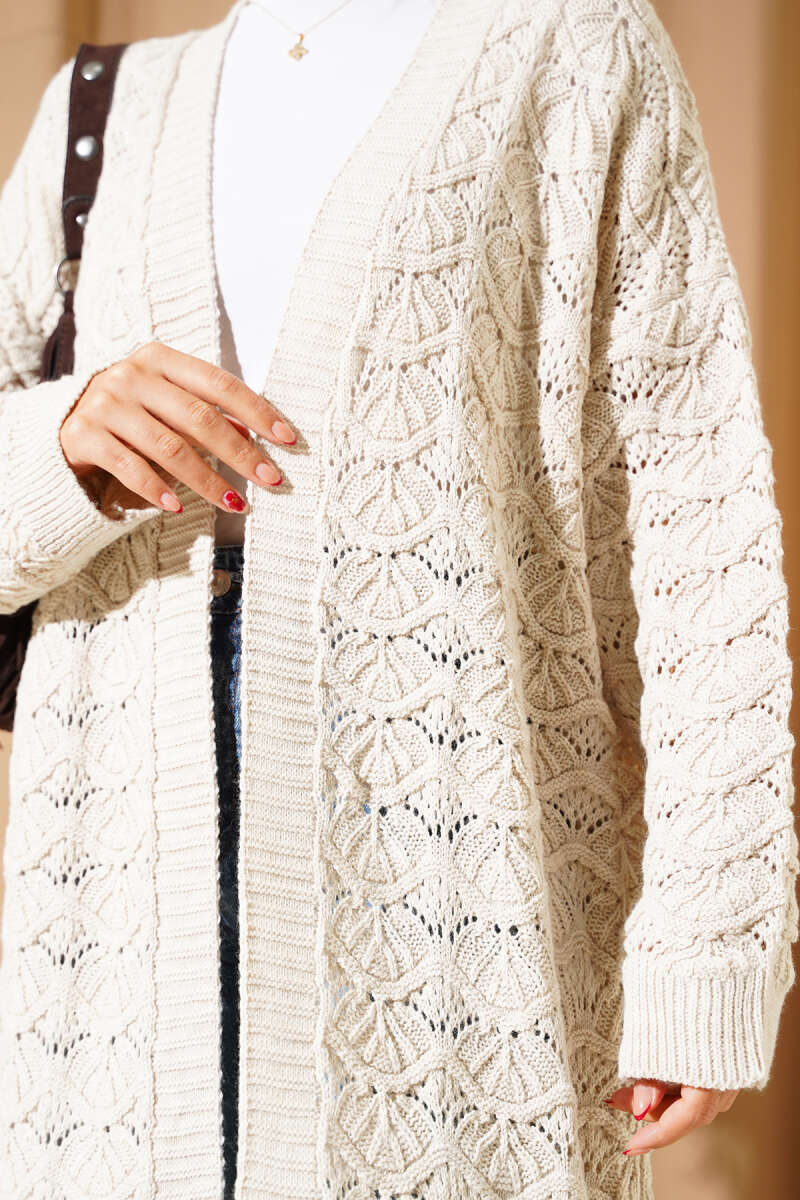 Knit Pattern Detailed Cardigan Beige - Image 4