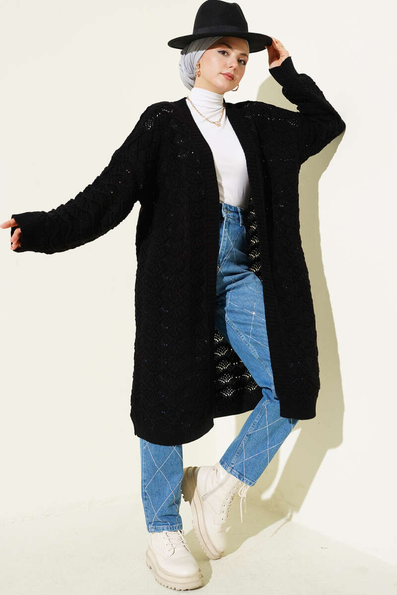 Knit Pattern Detailed Cardigan Black
