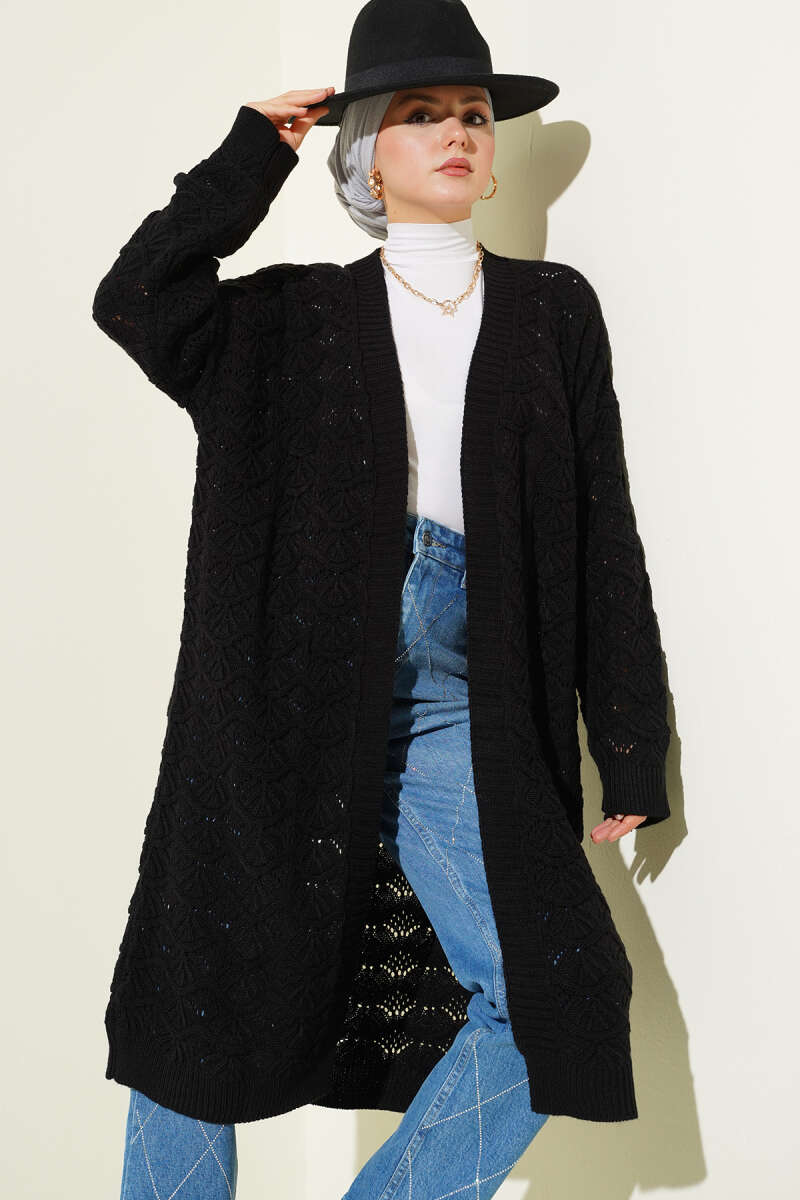 Knit Pattern Detailed Cardigan Black - Image 2