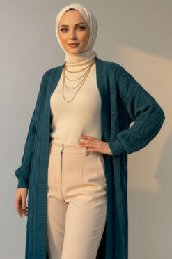 Long Knit Cardigan with Textured Ribbing Petrol