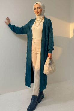 Alternative view of Long Knit Cardigan with Textured Ribbing Petrol