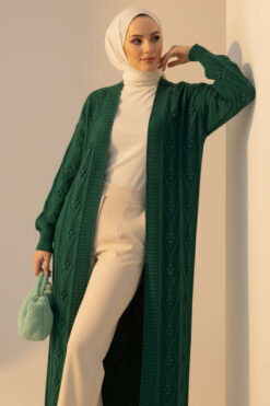 Long Knit Cardigan with Textured Ribbing Emerald