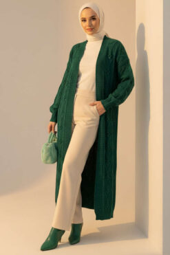 Alternative view of Long Knit Cardigan with Textured Ribbing Emerald