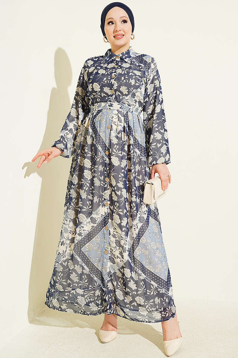 Authentic Printed Chiffon Dress Navy Blue