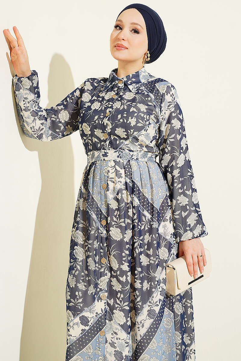 Authentic Printed Chiffon Dress Navy Blue - Image 2