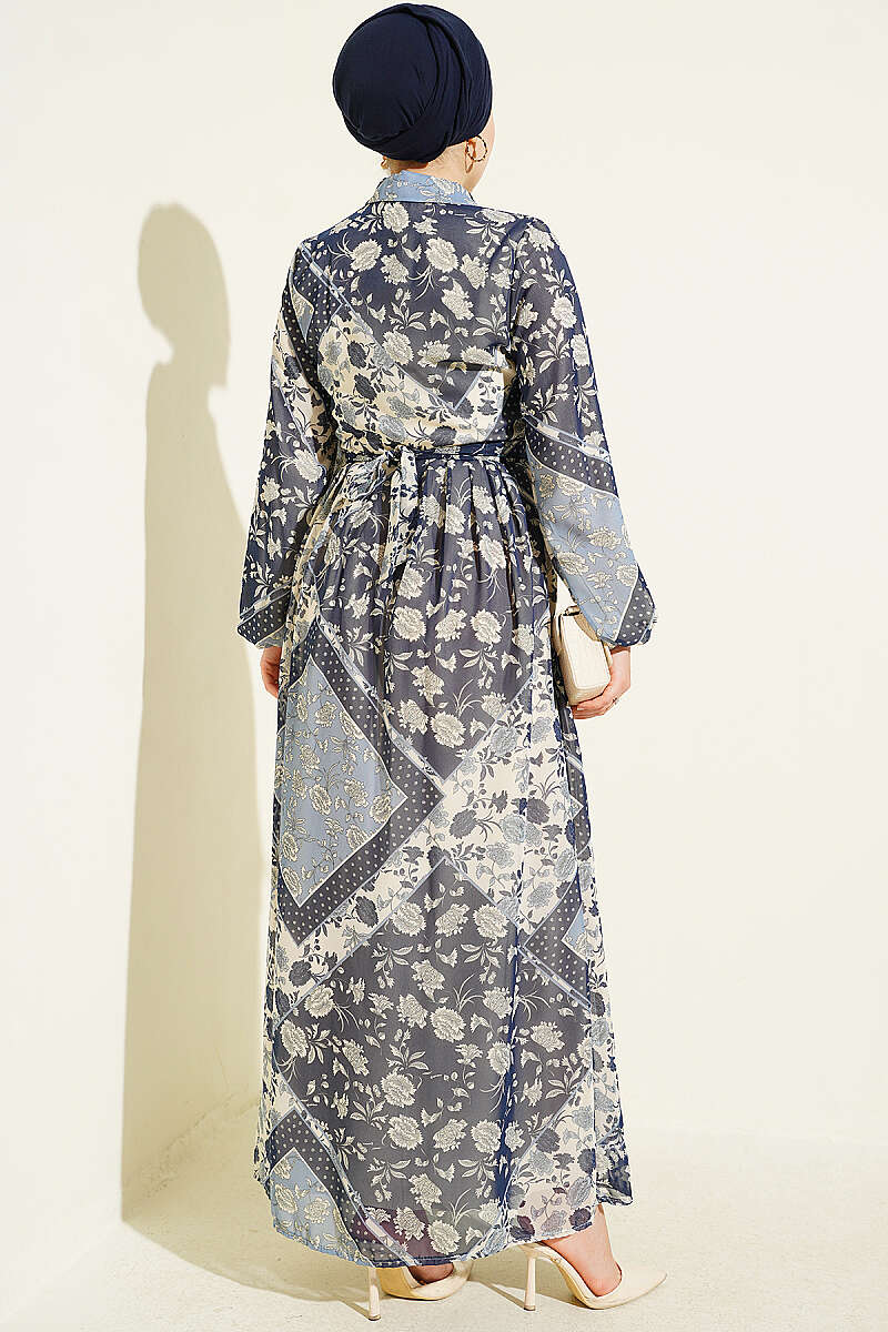 Authentic Printed Chiffon Dress Navy Blue - Image 3