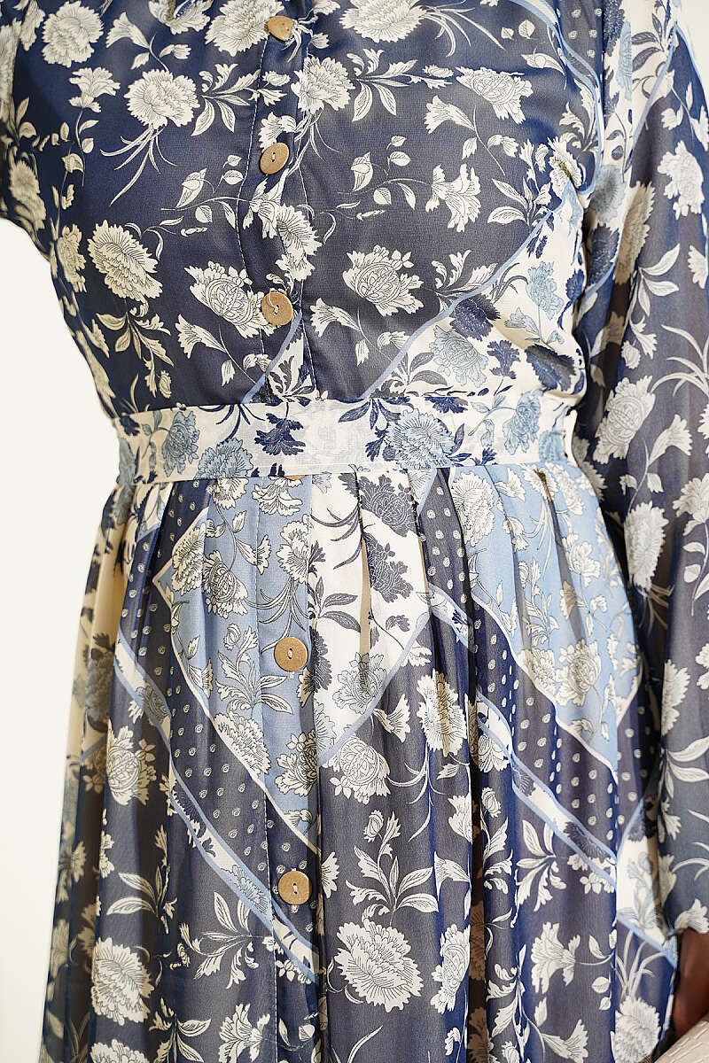 Authentic Printed Chiffon Dress Navy Blue - Image 4