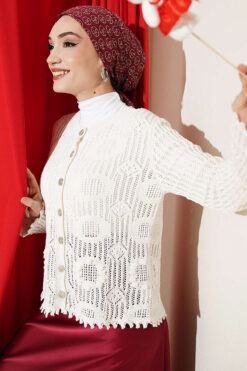 Textured Button-Up Short Knit Cardigan White