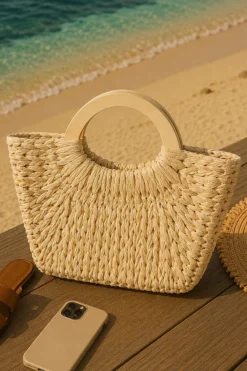 Oval Handle Woven Straw Bag Beige