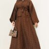 Oval Fringed Belted Skirt Set Brown