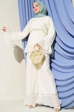 Ruffled Hem Belted Two-Piece Set Ecru