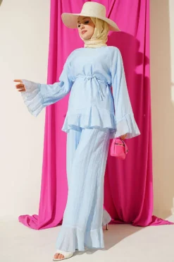 Ruffled Hem Belted Two-Piece Set Blue