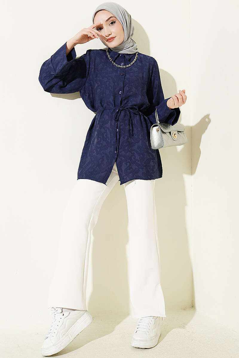 Paisley Patterned Tie Belt Shirt Navy Blue - Afbeelding 2