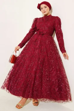 Paisley Sequined Evening Dress Burgundy